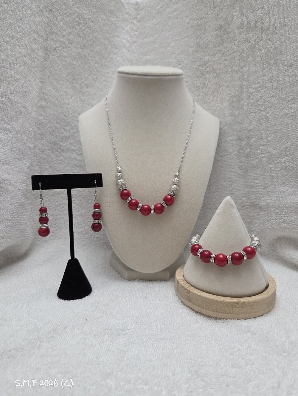 Red Bamboo Coral & Austrian Crystal Necklace, Bracelet & Earring Set